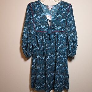 Blue and Black Mini Sundress with Bishop Sleeves